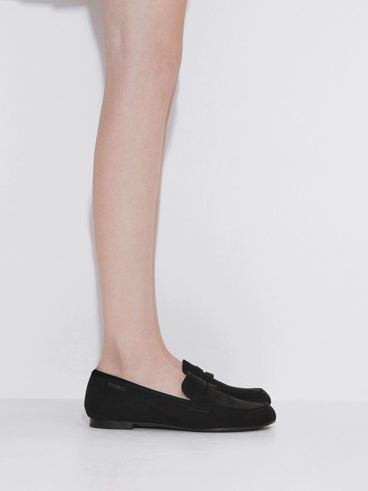 Textured Cut-Out Almond Toe Penny Loafers, Black, hi-res