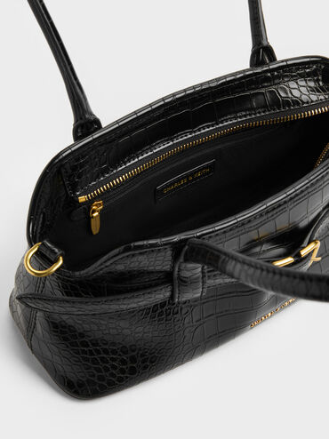 Tas Bahu Belted Croc-Effect Victoria, Black Croco, hi-res