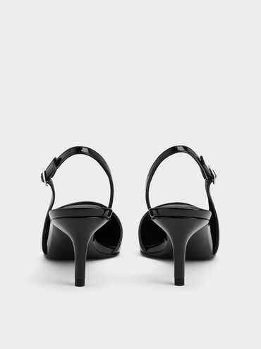 Sepatu Slingback Pumps Pointed-Toe Stiletto-Heel Patent, Black Patent, hi-res
