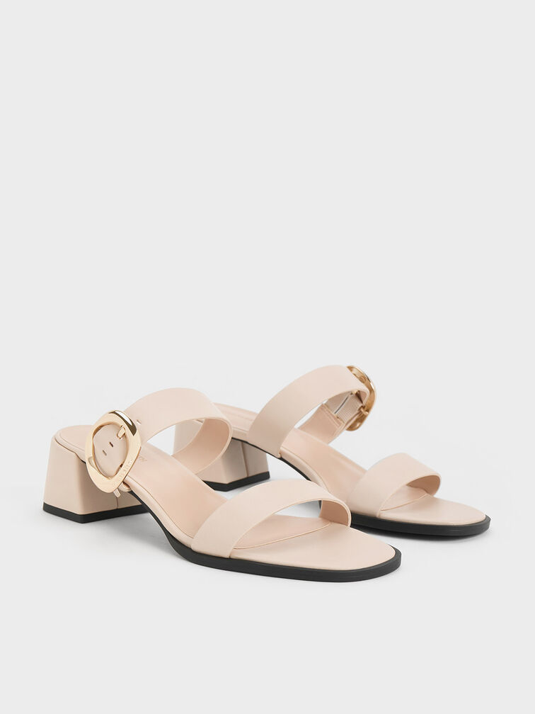 Oval Buckle-Accent Trapeze-Heel Mules, Nude, hi-res