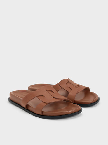Sandal Slide Cut-Out Interwoven, Brown, hi-res