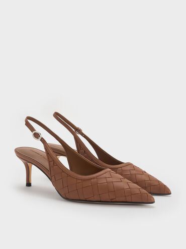Sepatu Slingback Pumps Pointed-Toe Woven Ivette, Caramel, hi-res