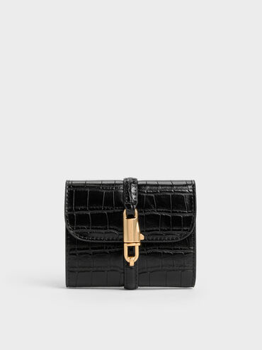 Delfina Croc-Effect Small Wallet, Black Croco, hi-res