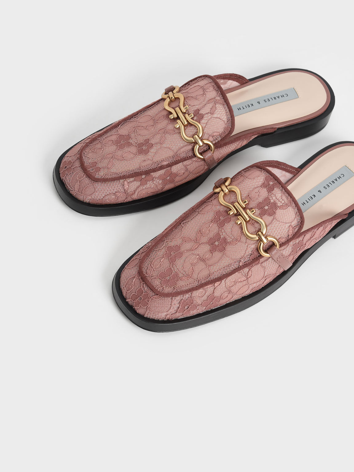 Sepatu Chain-Link Lace Loafer Mules, Mauve, hi-res