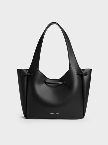 Mila Metallic-Knot Drawstring Tote Bag, Black, hi-res