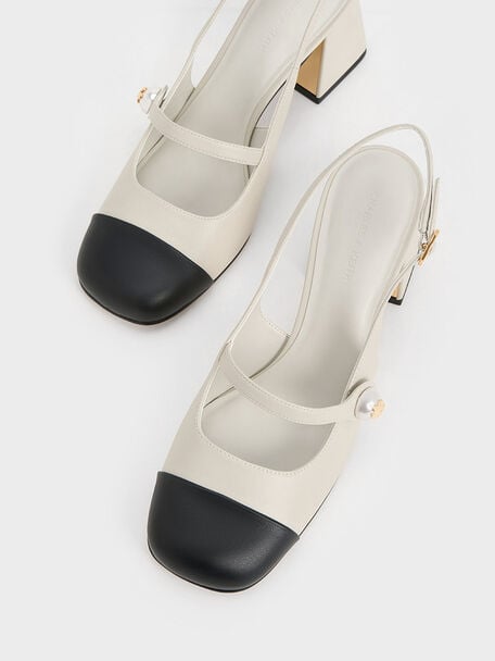 Sepatu Slingback Pumps Trapeze-Heel Patent Pearl Embellished, Chalk, hi-res
