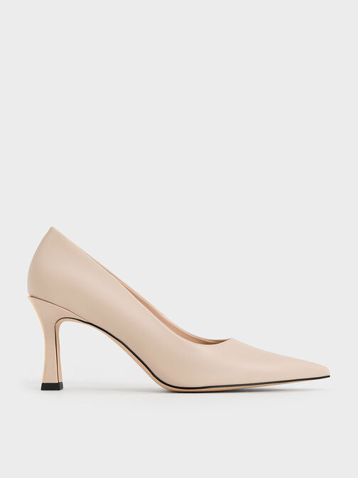 Flared Heel Pointed-Toe Pumps, Nude, hi-res