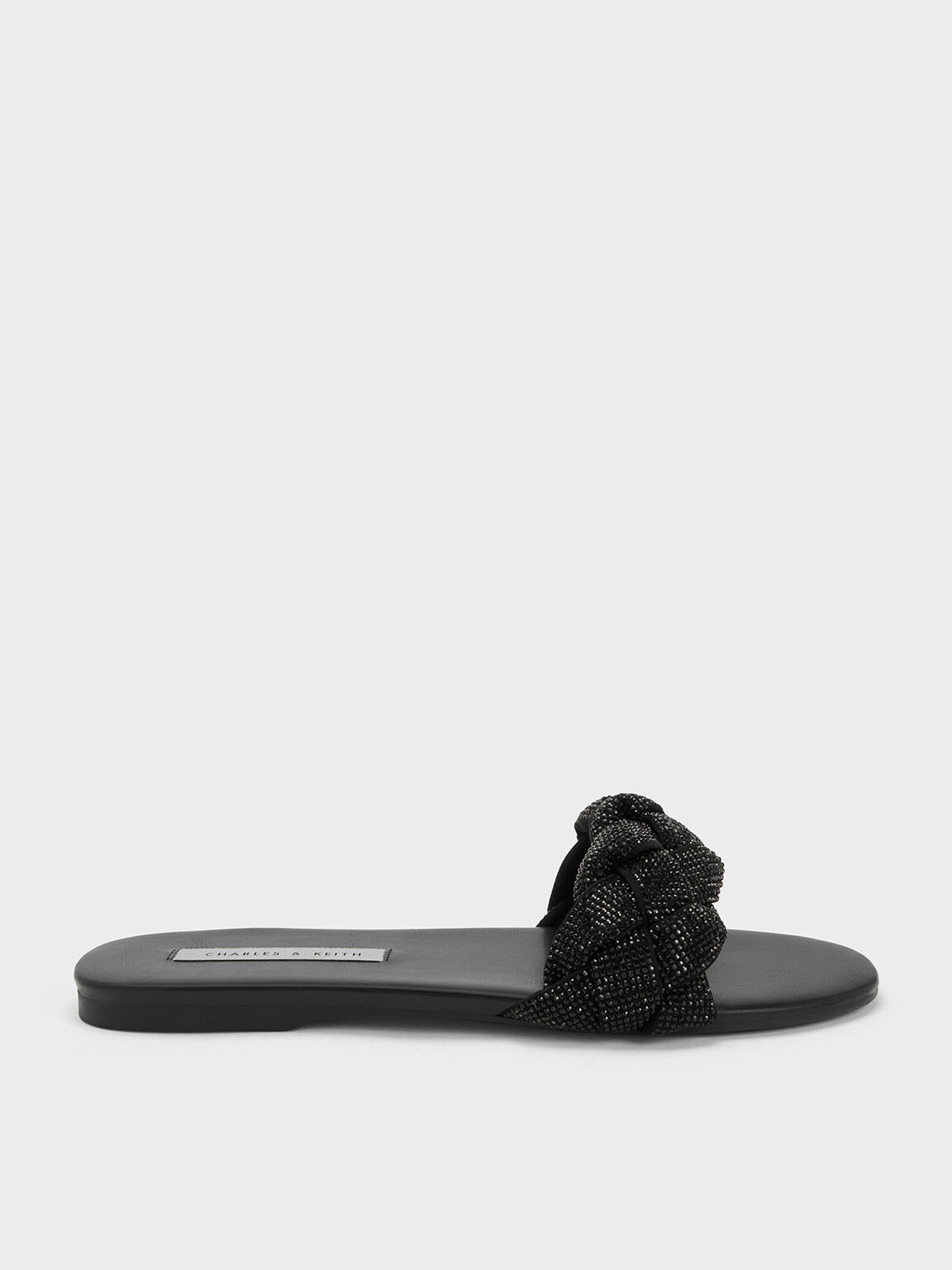 Sandal Slides Gem-Embellished Braided Strap, Black, hi-res