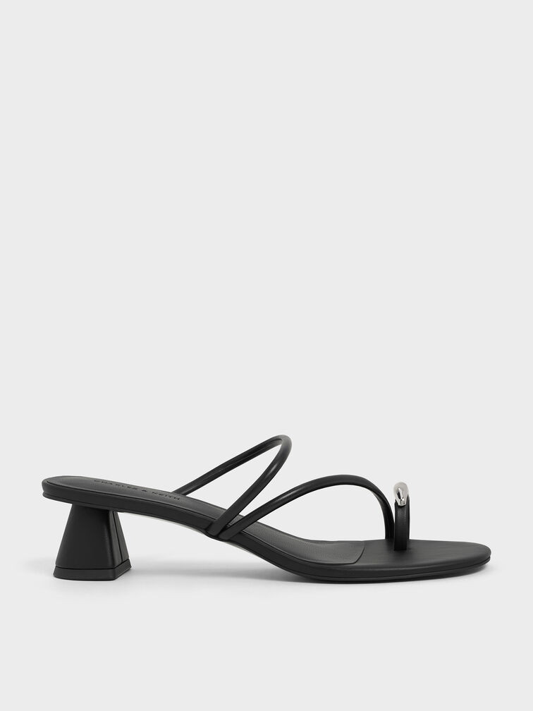 Sandal Heeled Strappy Toe-Ring Metallic-Accent, Black, hi-res