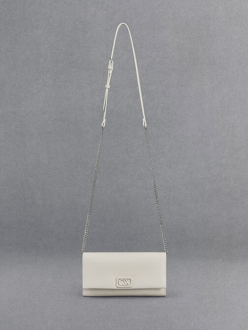 Dompet Chain-Strap Leather, White, hi-res