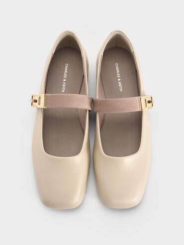 Sepatu Flats Mary Jane Metallic-Buckle Lando Two-Tone, Chalk, hi-res