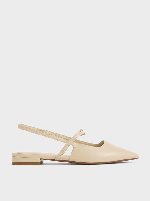 Metallic-Accent Pointed-Toe Slingback Flats, Taupe, hi-res