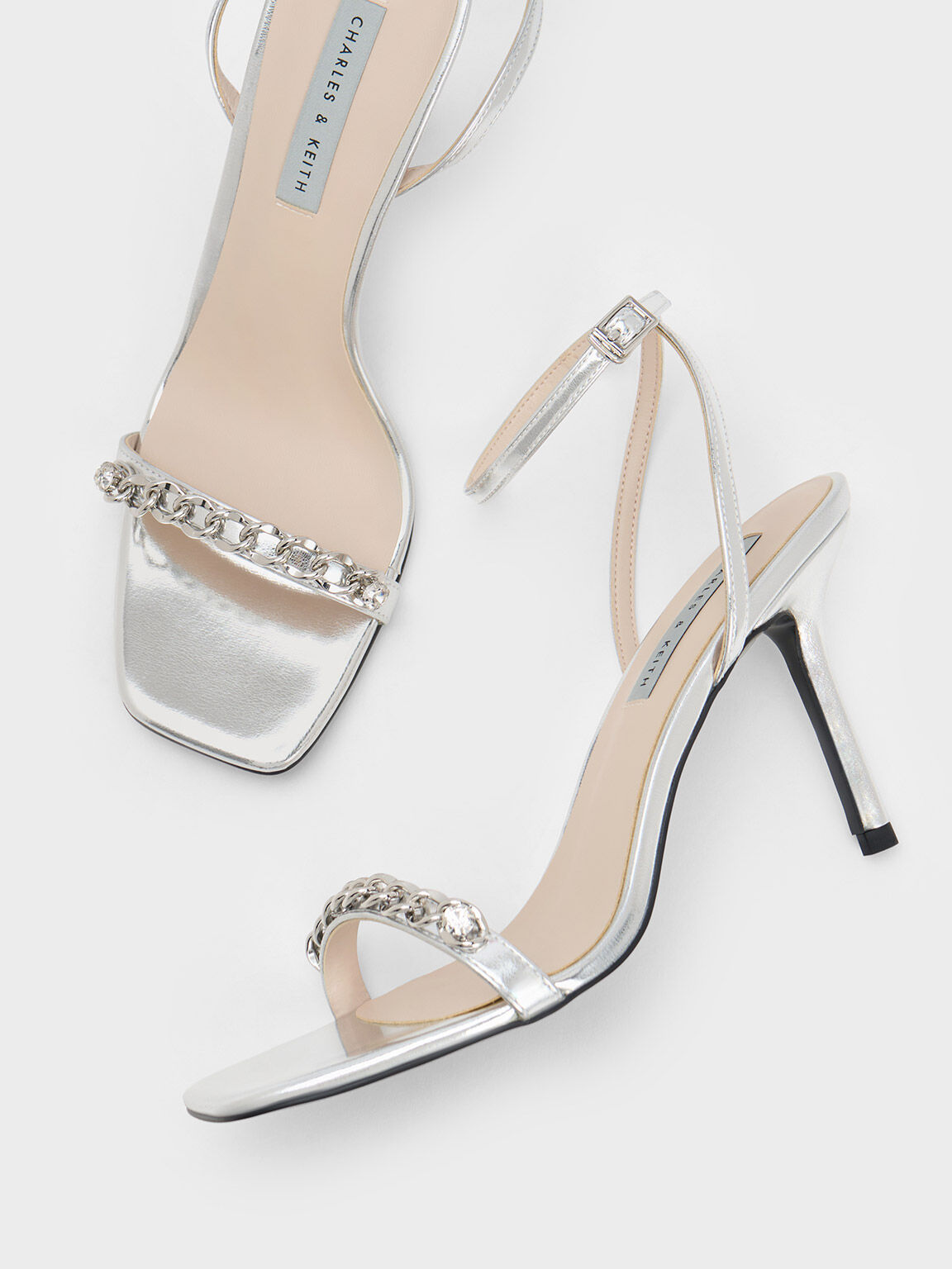 Sandal Ankle Strap Chain-Embellished, Silver, hi-res