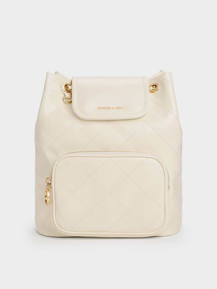 Tas Bucket Flont-Flap Quilted Apfra, Cream, hi-res