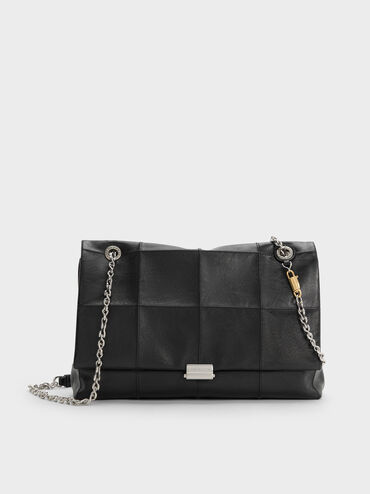 Tas Bahu Chain-Strap Quilted Delfina Large, Black, hi-res