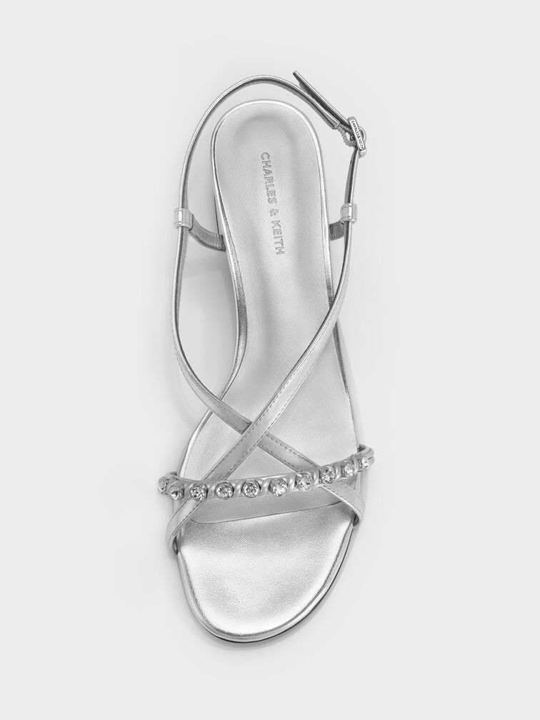 Metallic Gem Heeled Slingback Sandals, Silver, hi-res