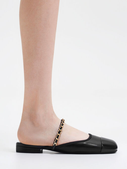 Sepatu Mules Chain-Strap Patent, Black, hi-res