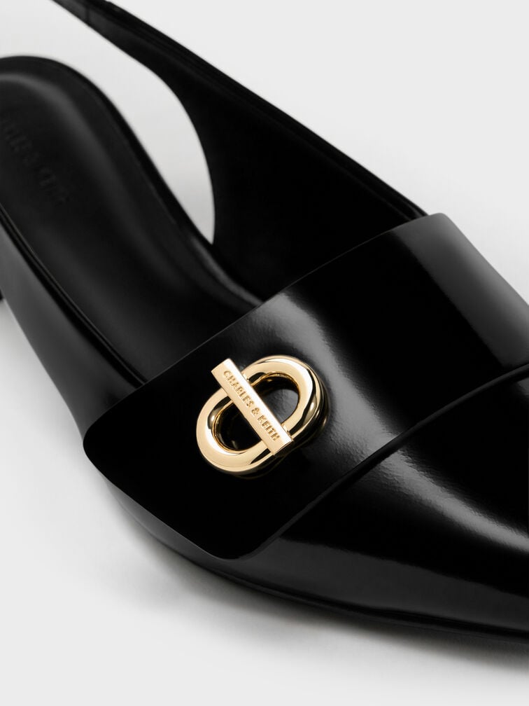 Sepatu Slingback Pumps Pointed-Toe Metallic-Accent, Black Box, hi-res