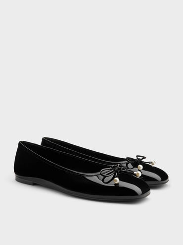 Sepatu Ballet Flats Pearl-Embellished Bow Barbara Patent, Black Patent, hi-res