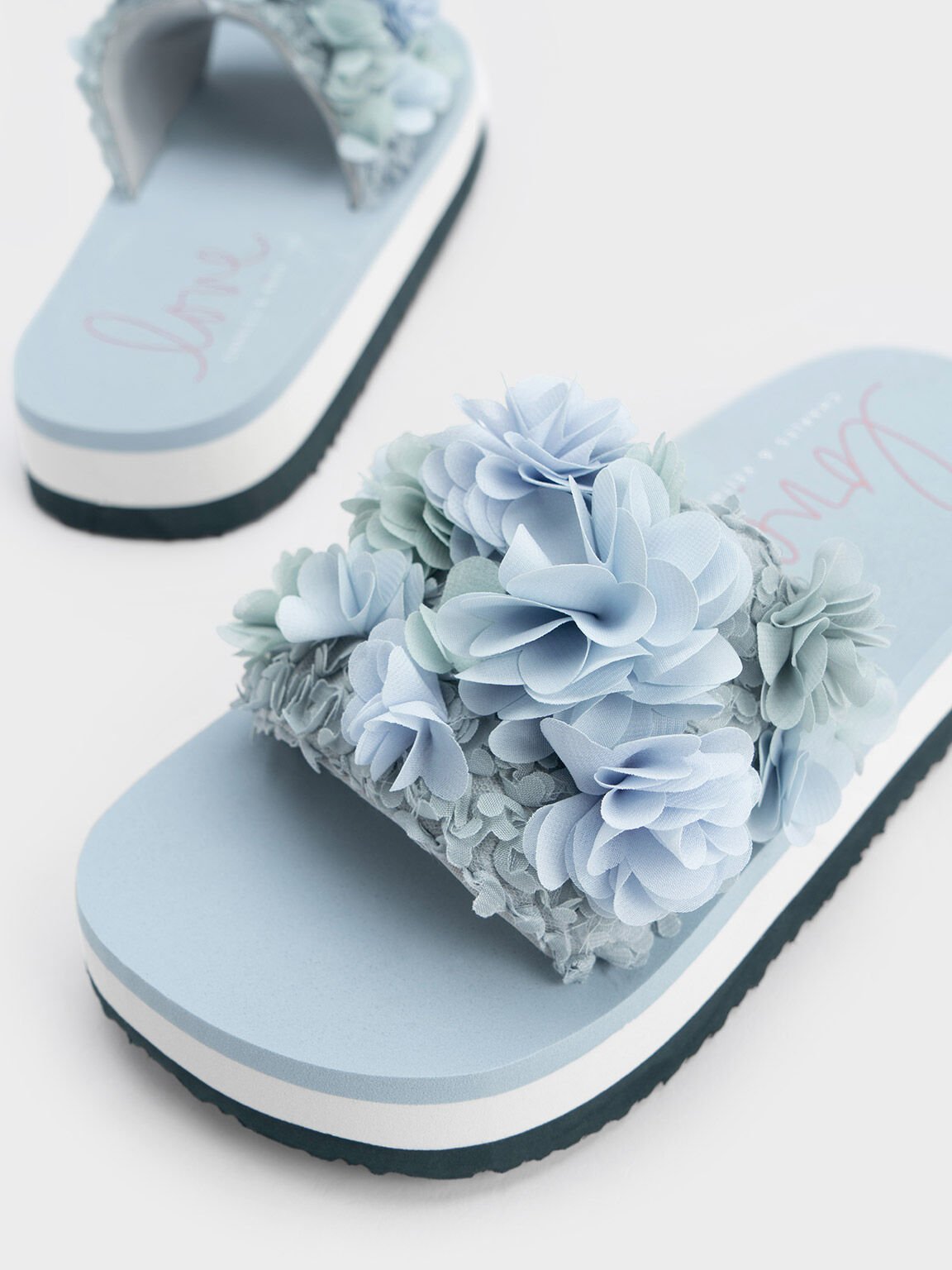 Floral Mesh Flatform Sandals, Light Blue, hi-res
