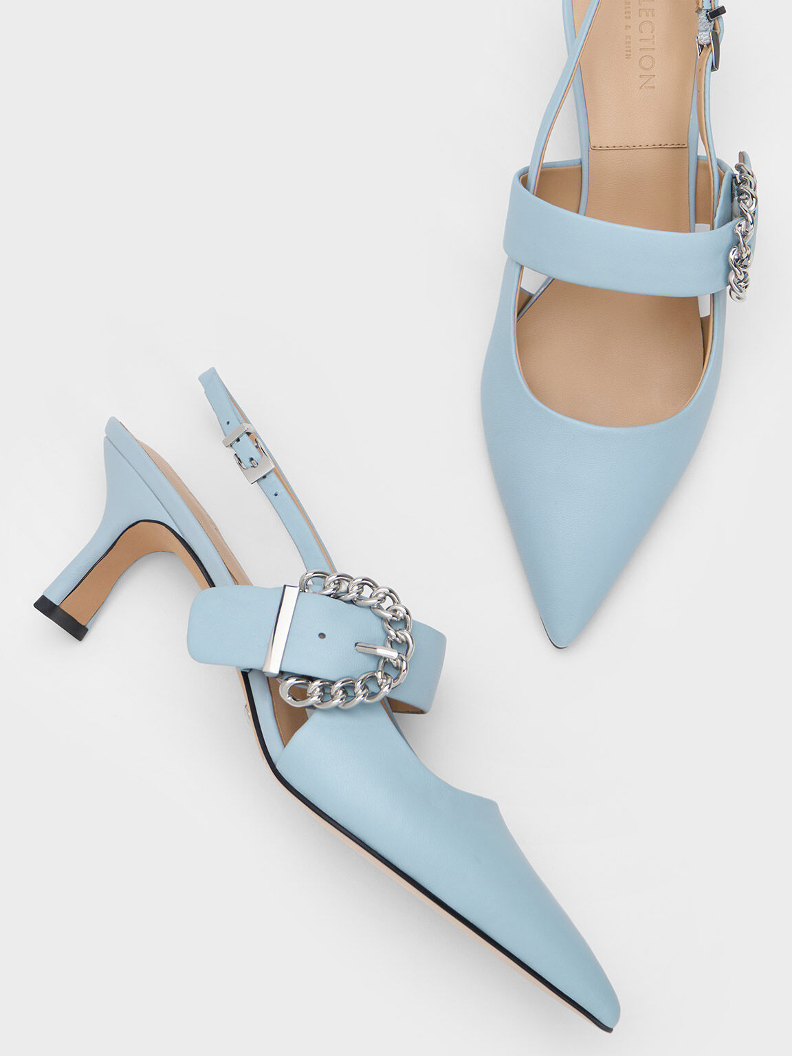 Chain-Buckled Leather Slingback Pumps, Blue, hi-res
