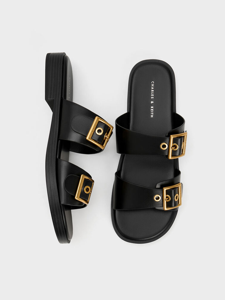 Buckled Double Strap Slide Sandals, Black, hi-res