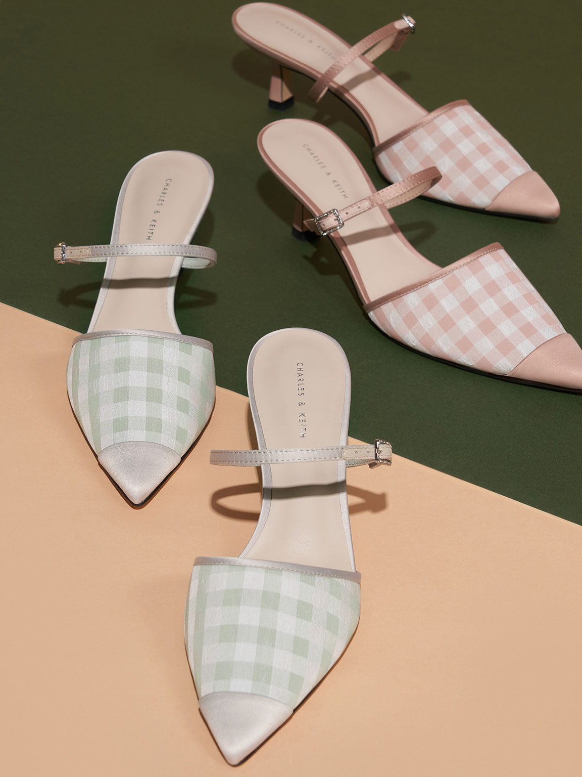 Sepatu Mules Satin & Check-Print Embellished-Buckle, Blush, hi-res