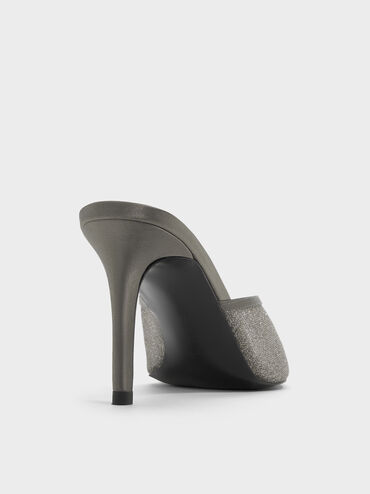 Glittered Mesh Peep-Toe Heeled Mules, Grey, hi-res