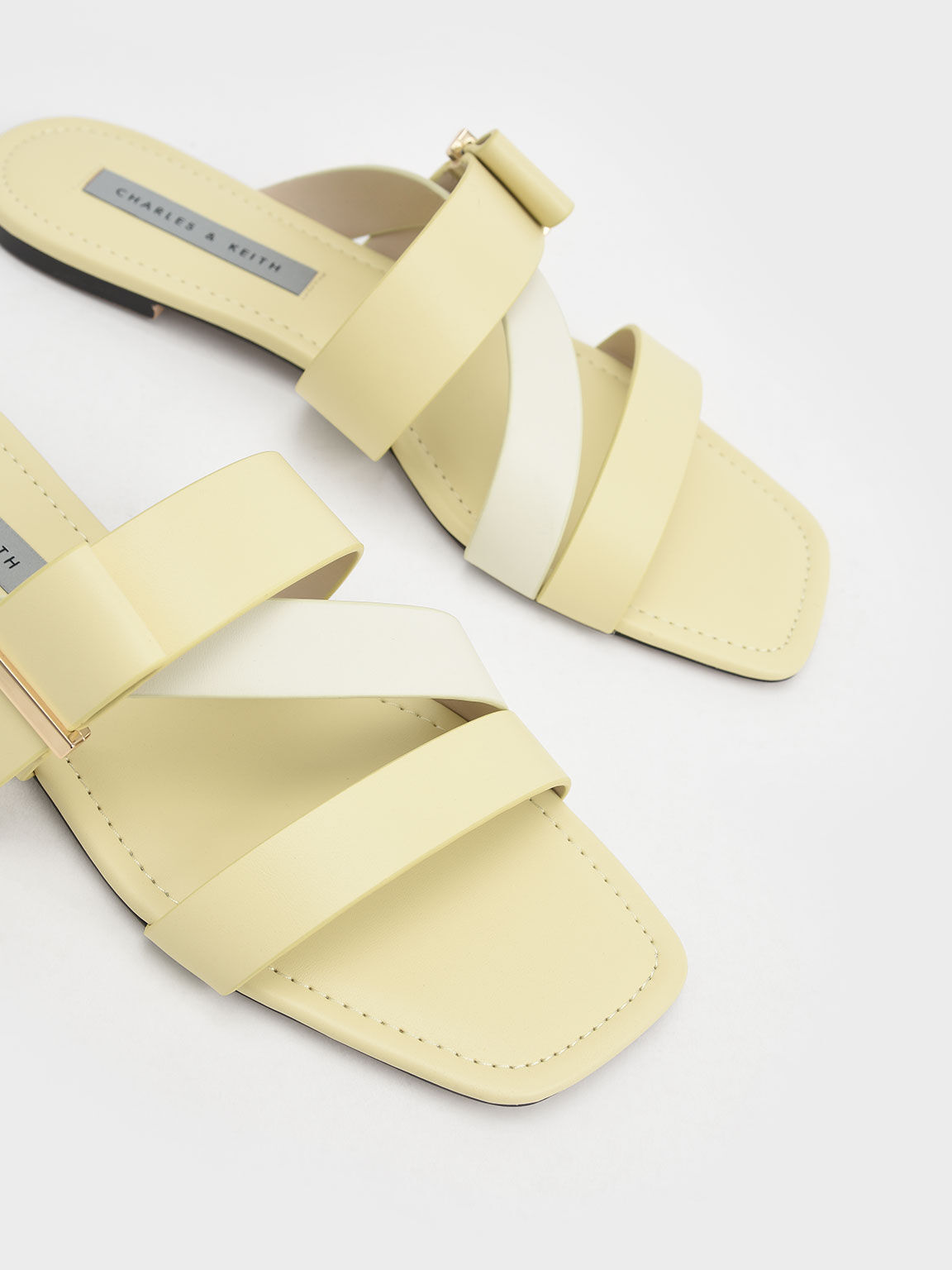 Sandal Slide Metallic Accent Strappy Square-Toe, Yellow, hi-res