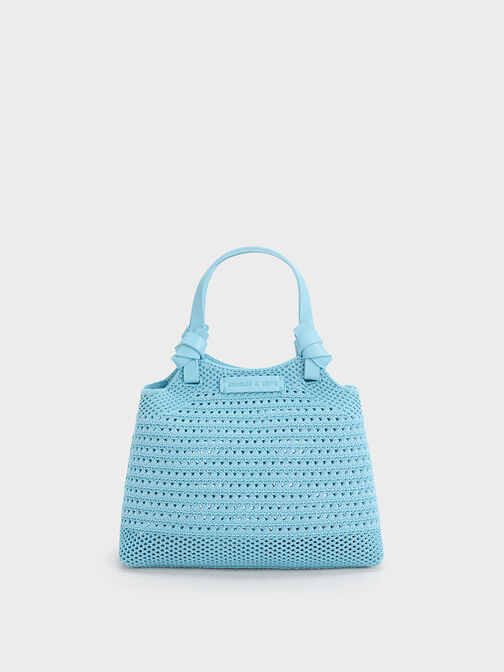 Ida Knotted Handle Knitted Tote Bag, Light Blue, hi-res