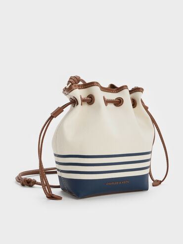 Tas Bucket Drawstring Striped Hanya Kanvas, Multi, hi-res