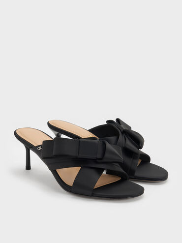 Sepatu Mules Heeled Pleated-Bow, Black Textured, hi-res