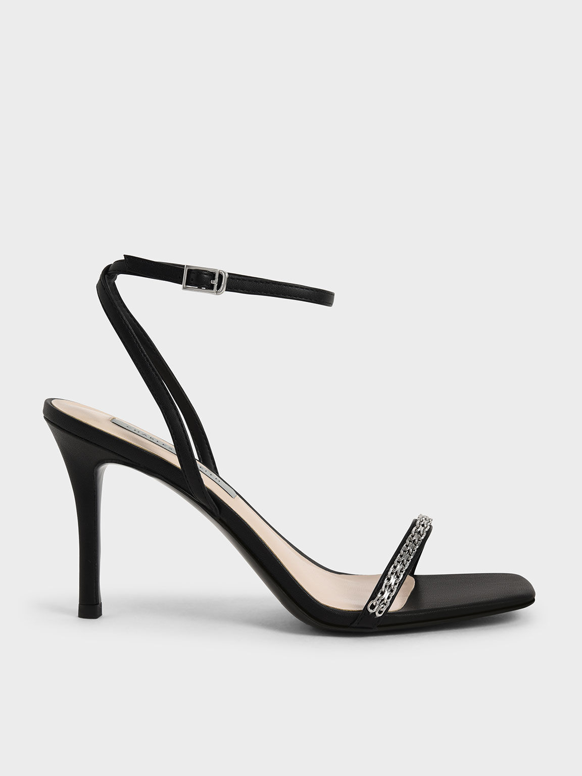 Sandal Stiletto Metallic Accent Ankle-Strap, Black, hi-res