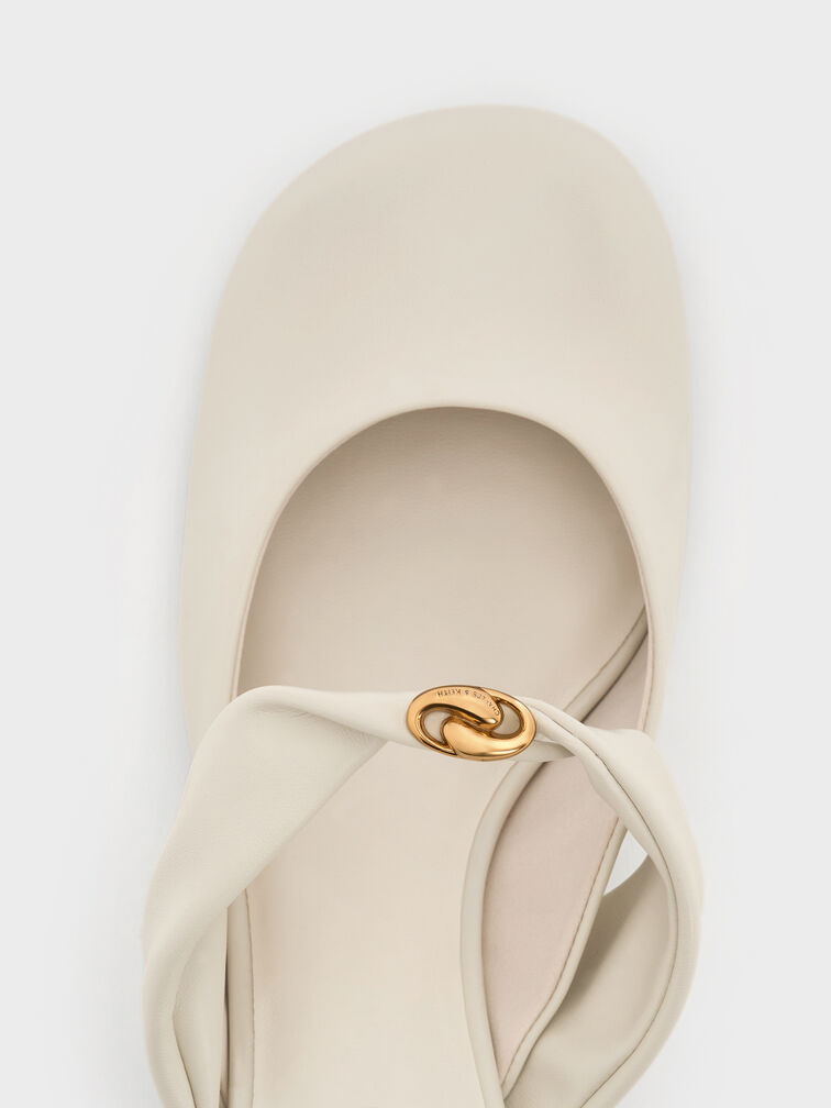 Sepatu Mules Heeled Twisted-Strap Metallic-Accent, Chalk, hi-res