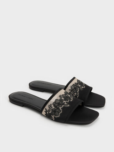 Sandal Selip Embroidered-Mesh Satin, Black Textured, hi-res