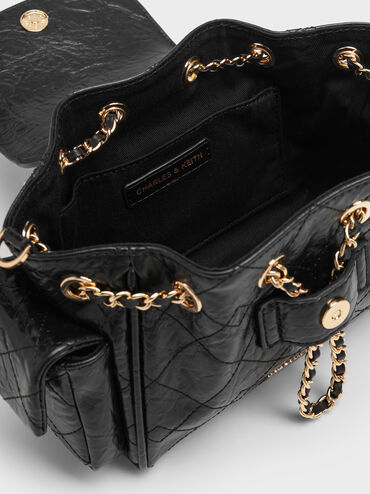 Tas Ransel Front Flap Two-Way Quilted Duo, Black, hi-res