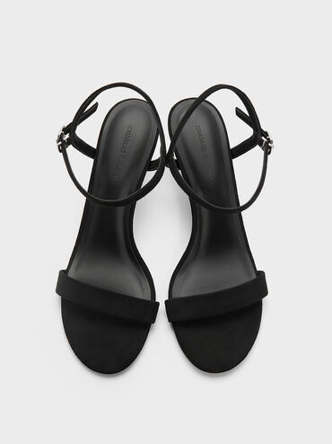Faux Suede Slant-Heel Ankle-Strap Sandals, Black Textured, hi-res