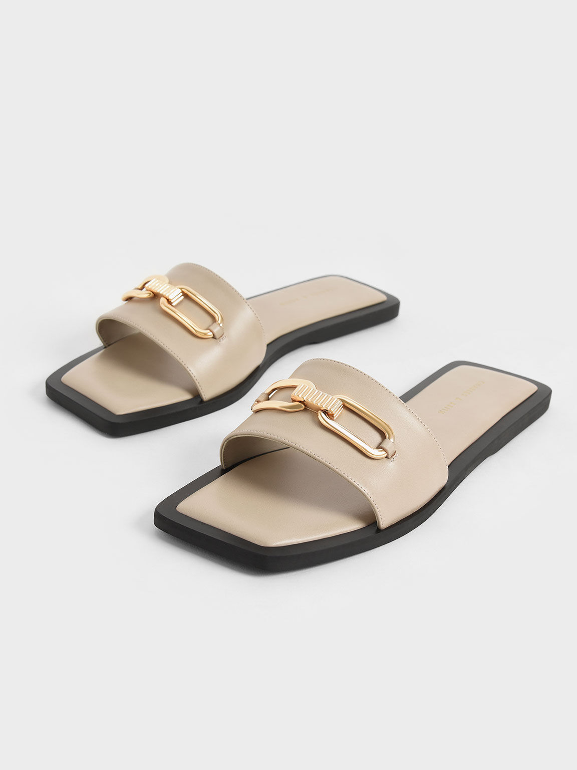 Metallic Accent Padded Slide Sandals, Beige, hi-res