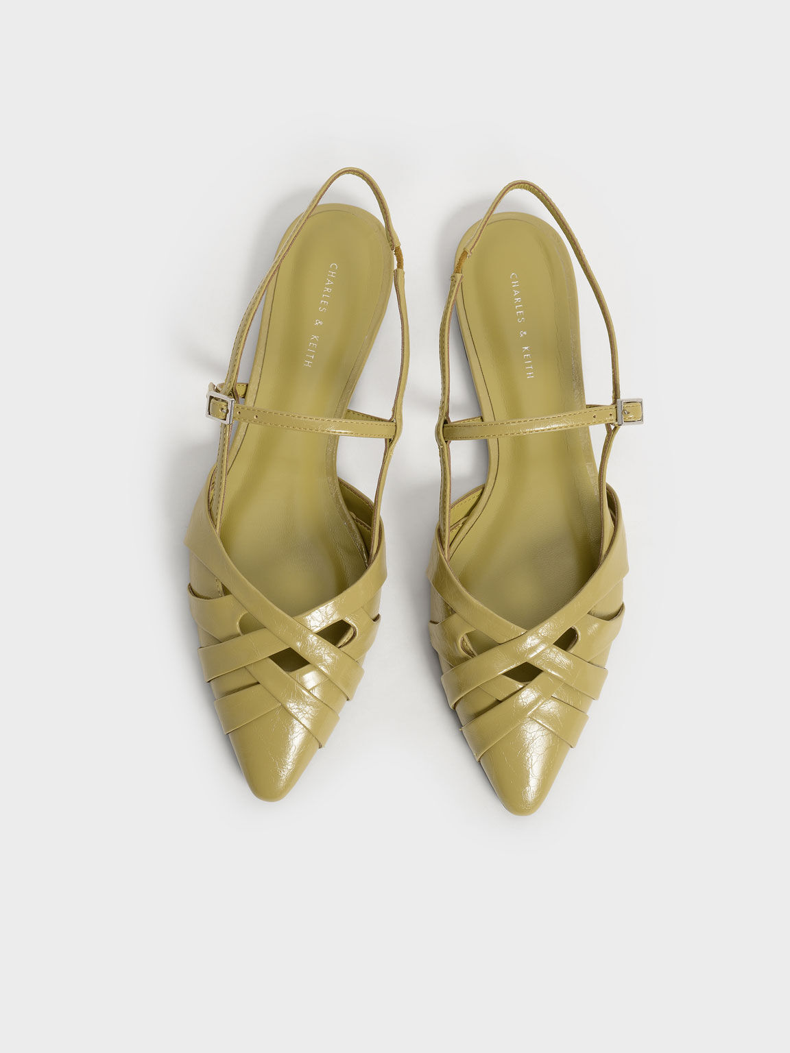 Sepatu Wrinkled Patent Woven Slingback, Mustard, hi-res