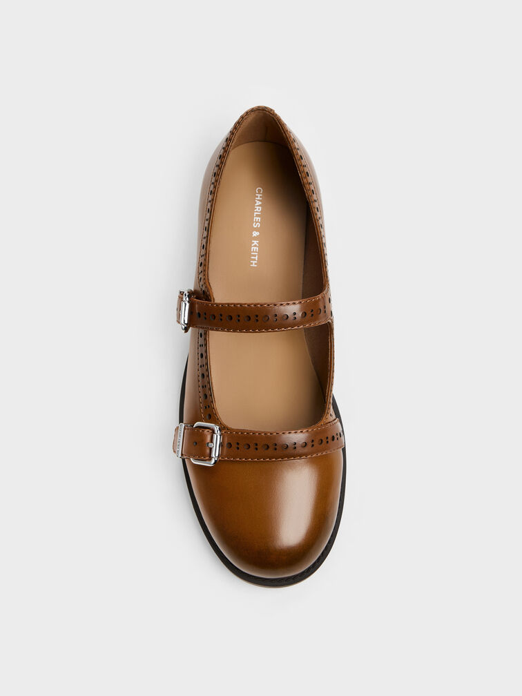 Double-Strap Brogue Mary Janes, Tan, hi-res