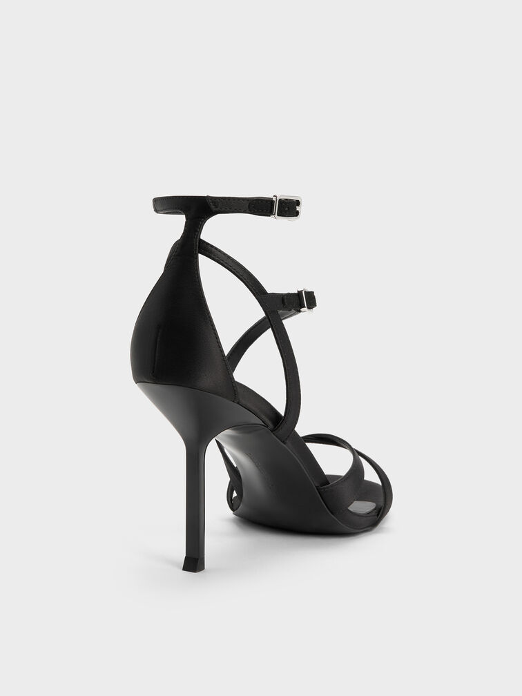 Satin Asymmetric Strappy Heeled Sandals, Black Textured, hi-res