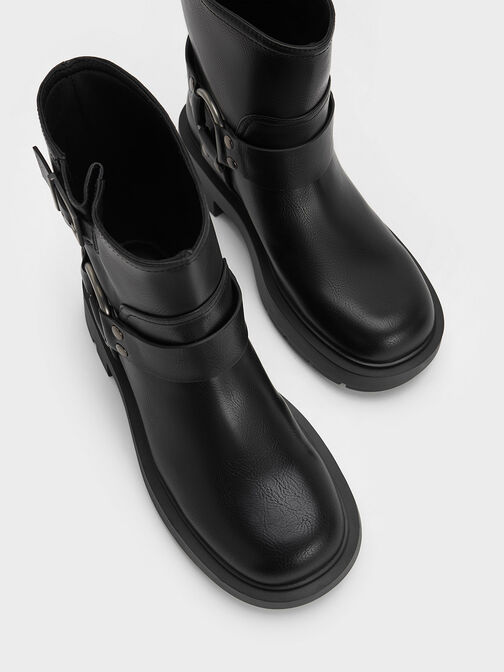 Sepatu Ankle Boots Buckled Metallic, Black, hi-res