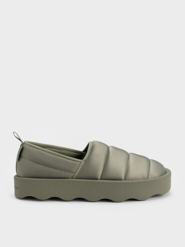 Sepatu Loafers Puffy Nylon Panelled, Sage Green, hi-res