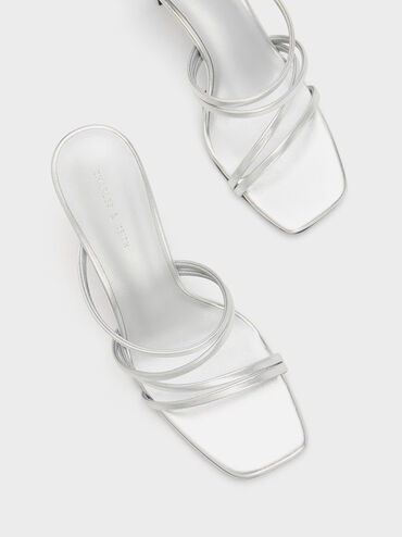 Sepatu Heeled Mules Asymmetric Square-Toe, Silver, hi-res