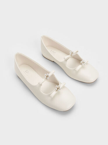 Sepatu Ballerina Girls' Floral Beaded, White, hi-res