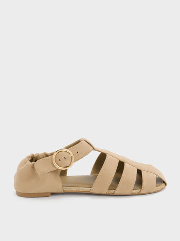 Sepatu Flat Espadrilles Caged Faux Suede, Sand, hi-res