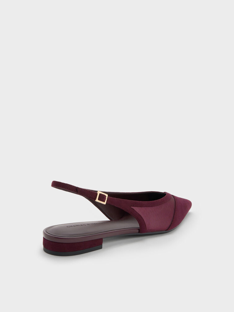 Sepatu Flats Slingback Suede & Mesh Faux, Burgundy, hi-res