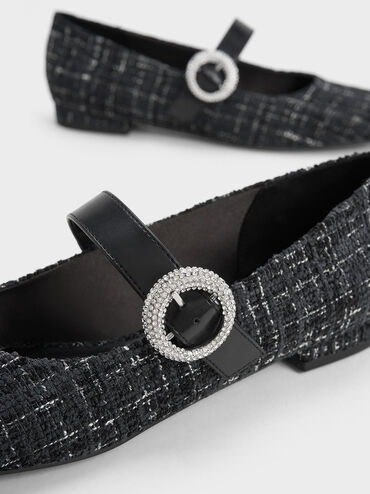 Sepatu Flats Mary Janes Tweed Crystal-Embellished Buckle, Multi, hi-res