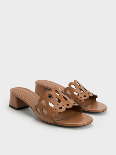 Sepatu Mules Block-Heel Cut-Out, Cognac, hi-res