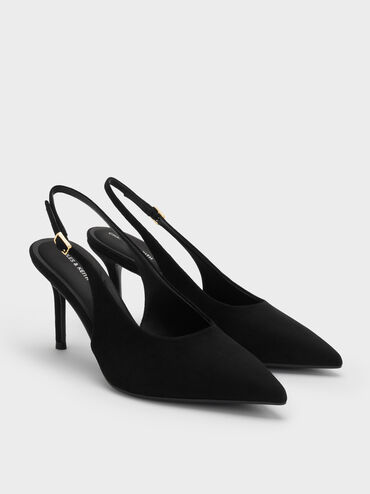 Sepatu Pumps Slingback Faux Suede Emelia, Black Textured, hi-res